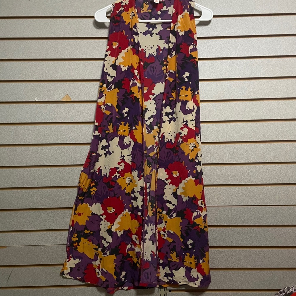 LuLaRoe Floral Print Kimono Vest Women XS Purple Red Yellow Cream